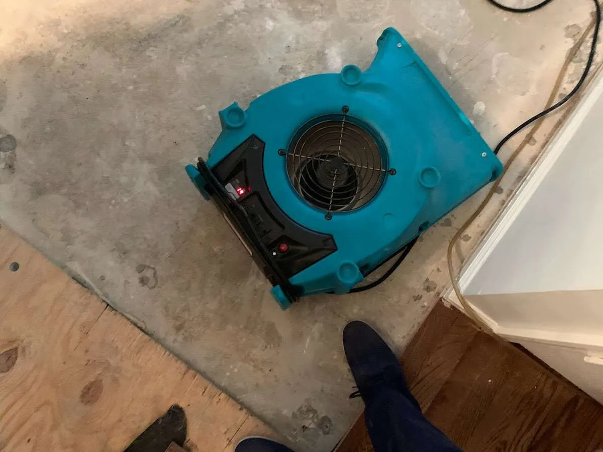 Air mover drying subfloor during Leak Detection & Repair in Dorr